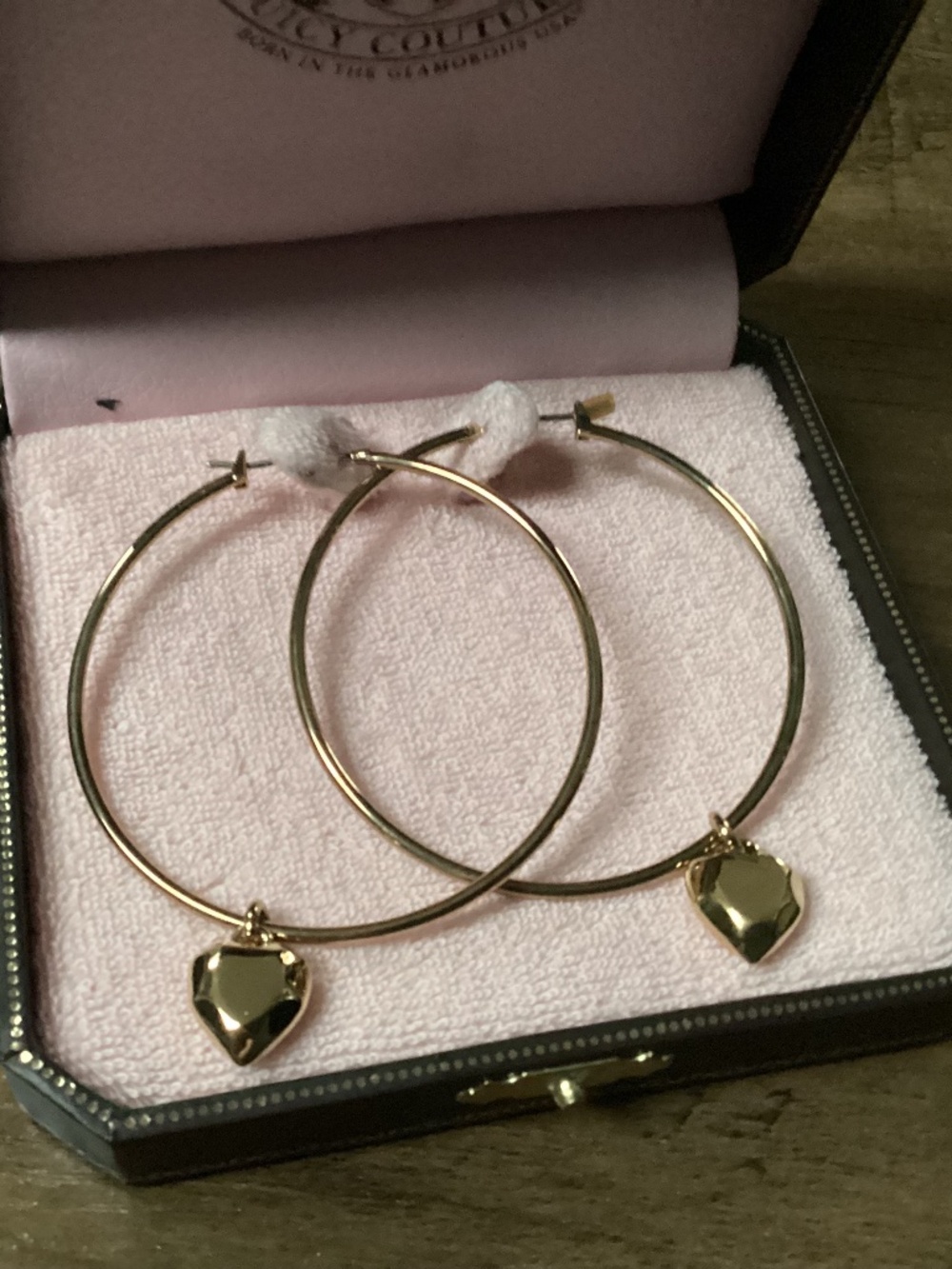 Juicy Couture Gold Hoop Earrings with Heart Charms New in Box